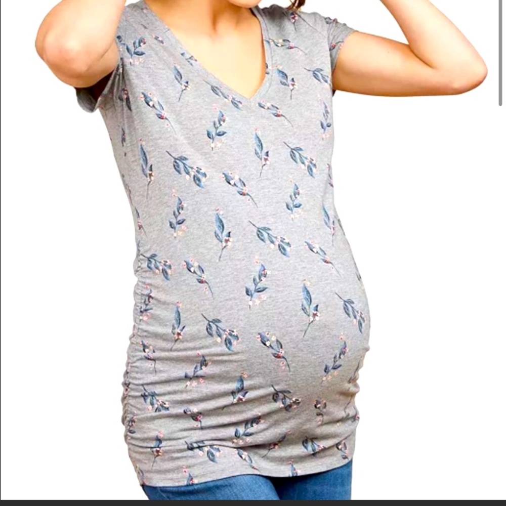 Motherhood Maternity Grey Floral V-Neck Ruched Top